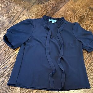 CeCe Navy Blouse with Ruffle Trim